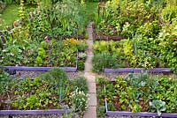 Kitchen garden with raised beds planted with vegetables and herbs.