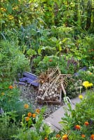 Harvested garlic in summer vegetable garden. Raised beds of vegetables herbs, annuals and perennials.