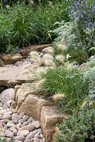 Dry stream bed flanked by Pennisetum villosum. The Drought Garden designed by Steve Dimmock.
