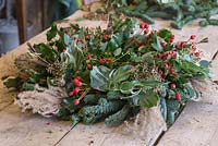 A traditional christmas wreath made with Eucalyptus gunnii, Rosa 'Bonica' rose hips, Variegated Ivy, Ilex aquifolium, Cotoneaster lacteus, Pinus nobilis, Godetia and Miscanthus sinensis seed heads