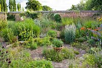 Summer borders in sunken garden with central terravotta urn: Lysimachia ephemerum, Helenium 'Waltraut', Achillea filipendulina 'Gold Plate', Salvia candelabrum, Phlomis russeliana, Verbascum phlomoides, Foeniculum vulgare,  Allium Sphaerocephalon, Miscanthus sinensis 'Malepartus', Stipa gigantea, Panicum virgatum 'Rehbraun', Salvia curviflora, Erigeron