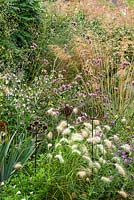 Rusty Allium shaped sculptures in mixed border, late summer.  Anne Godfrey's private garden - owner of Daisy Roots Nursery.  Planting includes Pennisetum villosum, verbena bonariensis and stipa gigantea. 