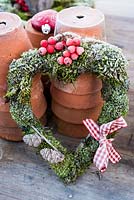 Frosty moss heart with red berries, ribbon and cones