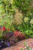 Mixed border planting of perennials, grasses and ferns with Blechnum Spicant, white Hydrangea Paniculata, Echinacea 'Fire Bird', Pennisetum beside brick path - A Garden by Association at RHS Hampton Court Flower Show 2015. Designer: Tina Vallis, MSGD