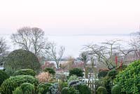 The view west over the Blackmore Vale, filled with mist, berries of Malus 'Red Sentinel' standing out amongst the evergreens