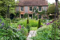 A 19th century cottage with circular lawn, raised wildflower mound, yew topiary and mixed borders with Anthriscus 'Ravenswing', Allium 'Purple Sensation', Geranium sylvaticum 'Album' and Gladiolus byzantinus.