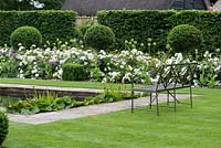 A formal garden with reflecting pool and fountain between box edged beds planted with Rosa 'White Flower Carpet' and evergreen Prunus lucitanica standards.