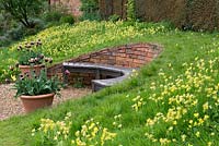 Cowslips are naturalised in a grassy bank in which a curving bench is set into semi-circular brick retaining wall.
