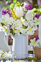 Jug of spring flowers - white tulips and daffodils, mahonia, lunaria, cherry blossom branches.