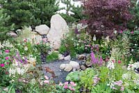 Acer and Pine trees provide a backdrop to a gravel garden full of Digitalis, Stipa gigantea and Roses -  Great Gardens of the USA The Oregon Garden, RHS Hampton Court Palace Flower Show 2017