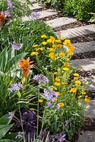 Hampton Court Flower Show, 2017. Everest 'Save The Orangutan' garden, des. David Domoney. Path with exotic and colurful planting as edging