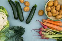 Harvested vegetables including carrots, potatoes, beetroot, cabbage and cauliflower