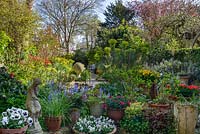 A view towards the garden with trees, Euphorbia, Camellia and pots with Violas, Dianthus and Bluebells surrounding a statue of a woman in ancient greek fashion