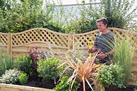 Antony Henn from Garden on a roll by newly planted border of mature plants where plants are placed according to the paper plan for the designed border