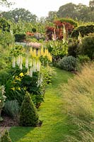 A narrow bath between a wild flower meadow and a summer border with Lupins leads you through to the main back garden.