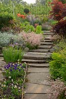 Pockets of colour and texture is created by careful planting beside the path and steps as you wander through the garden.