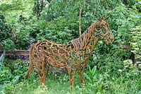 Heather Edwards, Horse sculpture by Tom Hill, made from old rusty horsehoes, The World Horse Welfare Garden, RHS Chelsea Flower Show 2017