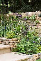 The Poetry Lovers Garden - Stepped border next to a dry stone wall, plants include Fritillaria persica 'Adiyaman', Iris 'Black Swan' and Thalictrum 'Black Stockings' - RHS Chelsea Flower Show 2017