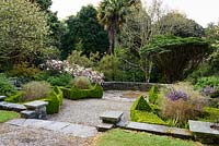 Sunken garden with clipped box and flowering shrubs at Tregrehan Gardens
