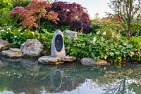 Japanese style garden with Acer palmatum, Zantedeschia aethiopica, Rodgersia aesculifolia and Gunnera manicata - 'At One With...A Meditation Garden' - Howle Hill Nursery, RHS Malvern Spring Festival 2017