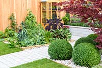 Vegetable patch and Buxus balls under Acer - BBC Gardener's World Live, Birmingham 2017 -Tesco 'Every Little Helps' Garden designed by Owen Morgan, Mosaic Gardens