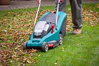 Gathering up autumn leaves using a rechargeable electric mower