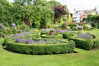 Buxus hedging infilled with Lavandula with circular design around central pot in private small back garden. June