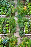 Mixed planting of flowers, vegetables and herbs with a path leading through.