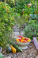 Freshly harvested courgettes, tomatoes and peppers.