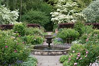 Rose Garden at Newby Hall. View over cascading urn, to white flowering Chinese dogwood, Cornus kousa 'Milky Way', hanging over a path that leads to distant urn