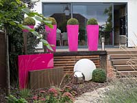 Tall pink planters provide instant impact and stature to the garden.  They also provide height being positioned on the upper deck.