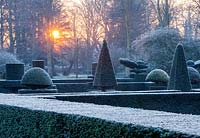 Formal garden with frosted clipped Taxus baccata - yew topiary shapes at dawn in winter
