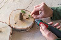 Using glue gun to adhere foliage eyebrows onto Birch snowman head