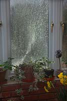 Broken conservatory window caused by stone thrown up by rotary mower