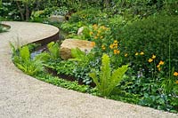 A garden with winding gravel path beside a stream. Plants include Trollius, Hosta elegans, Matteuccia struthiopteris