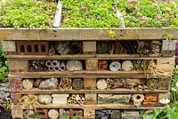 Wooden pallets with a green sedum roof filled with materials to create a wildlife haven for insects