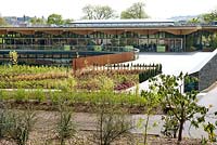 View of the new John Hope Gateway visitor centre cafe & deck at RBG Edinburgh, Scotland.