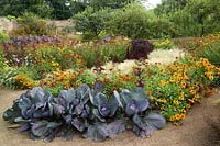 Cambo Walled Garden, Fife, Scotland, UK vegetables, flowers, autumn, ornamental potager, orchard walls, paths