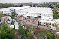 View over Chelsea showground Great Pavilion from the The Westland Magical Garden designed by Diarmuid Gavin
