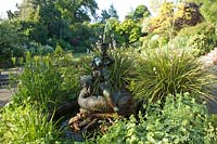 Pond with sculpture and fountain, Domaine des Vaux, Jersey