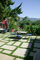 Terrace with natural stone slabs, garden furniture, container plantings, Canna and perennials