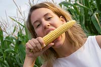 Young lady is eating a sweet corn cob