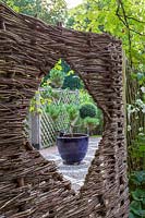 Jackie Healy's garden near Chepstow. Early autumn garden. 'Peephole' in woven fence with view of potted conifer