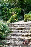 Jackie Healy's garden near Chepstow. Early autumn garden. Gravel steps leading to gravel garden