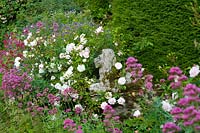 Hodge's Barn, Gloucestershire, UK ( Hornby )  stone 'lion' surrounded with roses and Valerian