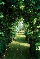 Alan Titchmarsh's garden Hampshire Lime allee pergola with grass path underneath leading to garden gate