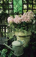 private garden London Design Jonathan Baillie Old chimney pot use recycled container Hydrangea