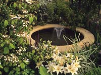 Chelsea FS 1997 design Agriframes small raised formal circular stone pond with fountain Viburnum plicatum lilies