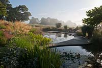 pond informal contemporary garden designer design Julie Toll curved sinuous summer perennials ornamental grasses morning mist