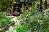 A path surrounded by Allium, Iris and Nepeta - The Donkey Sanctuary: Donkeys Matter Garden at RHS Chelsea Flower Show 2019, Designer: Christina Williams and Annie Prebensen, Sponsor: The Donkey Sanctuary 